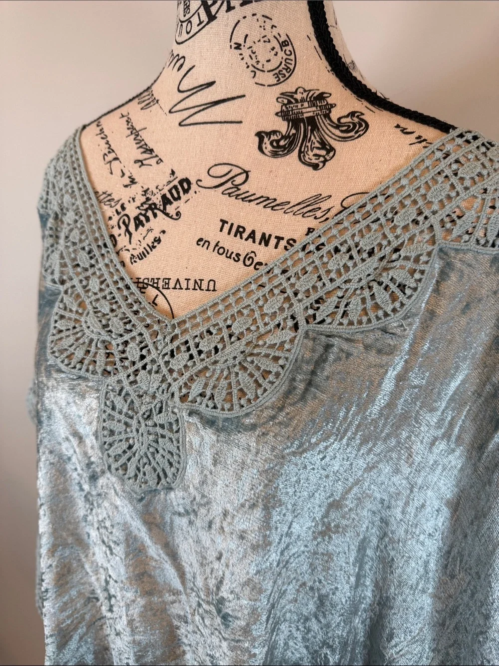 Soft Surroundings Light Blue Crushed Velvet Crochet Trim Poncho Top S Loose Fit